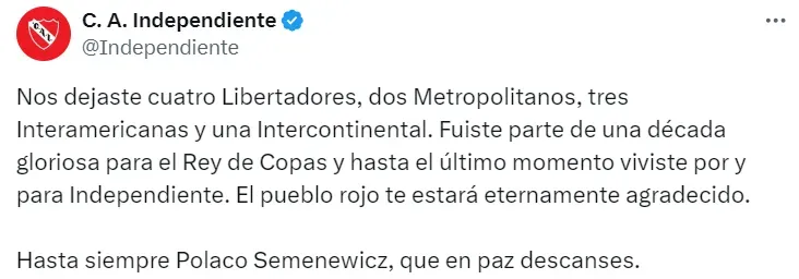 El tuit del Rojo en sus redes.