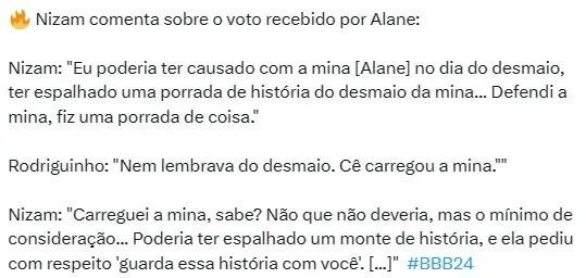 NIzam fala sobre Alane ter votado nele
