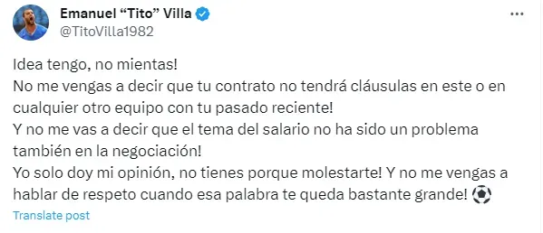 Respuesta de Emanuel Villa a Alexis Vega a través de X (antes Twitter)