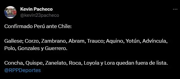 Así formará Perú esta noche contra Chile. (Foto: Twitter).