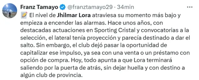 Hinchas de Sporting Cristal criticaron a Jhilmar Lora. (Foto: Captura X)