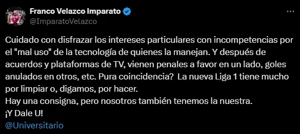 Las palabras de Franco Velazco (Foto: X).