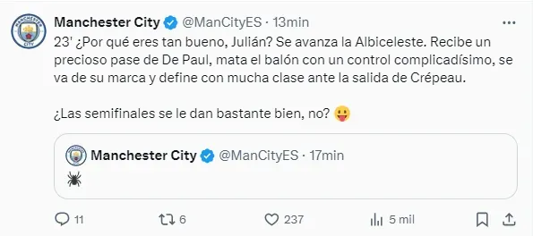 La reacción del Manchester City al gol de Julián Álvarez.