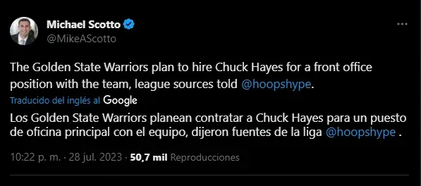 Warriors sacaria del retiro a Chuck Hayes (Foto: Twitter / @MikeAScotto)