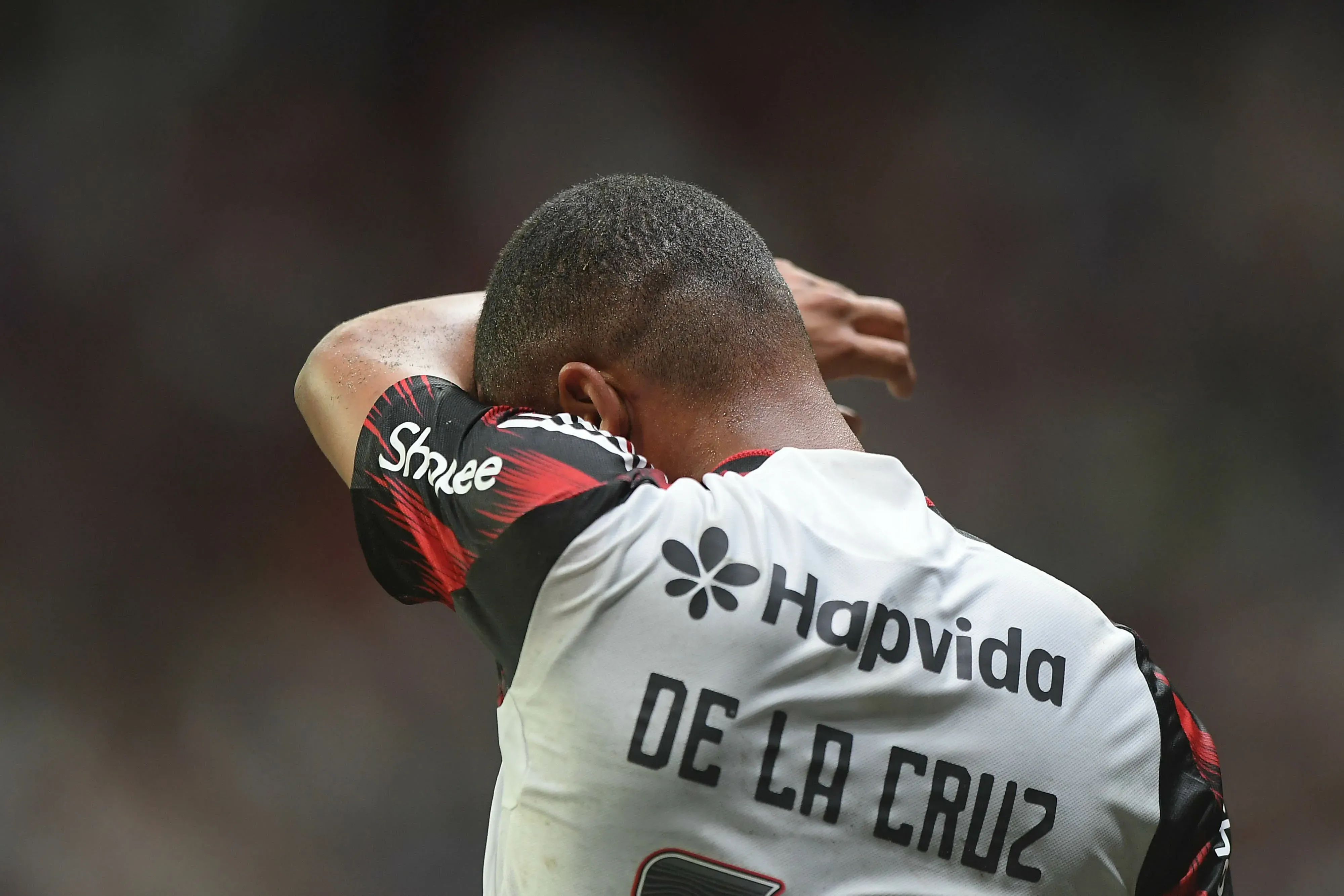 Nico De La Cruz, jogador do Flamengo, lamenta durante partida contra o Bahia no estadio Fonte Nova pelo campeonato Brasileiro A 2025. Foto: Jhony Pinho/AGIF