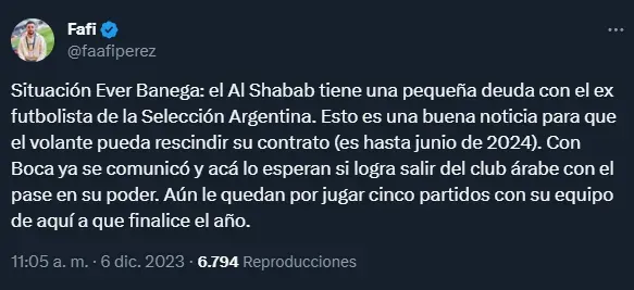 Al Shabab tiene una deuda económica con Banega (Twitter @faafiperez).