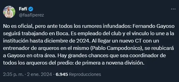Gayoso continuará trabajando en Boca (Twitter @faafiperez).