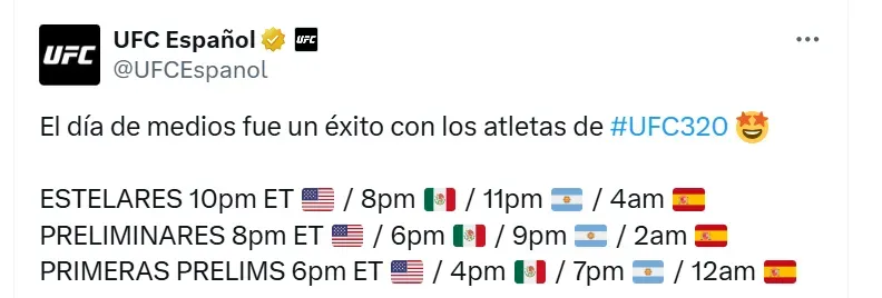 Horarios en el mundo de la UFC 320. (Foto: UFC)