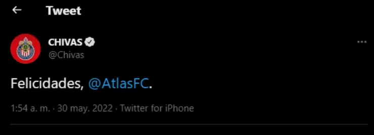 El mensaje de Chivas para felicitar a Atlas. Créditos: @Chivas