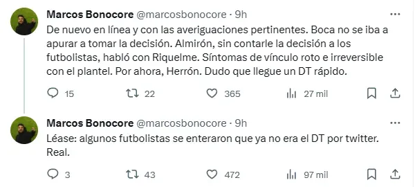 El hilo informativo de Marcos Bonocore, relatando cómo se enteraron en Boca de la renuncia de Almirón.