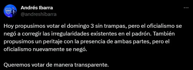 El tuit de Andrés Ibarra. (Foto: Twitter)