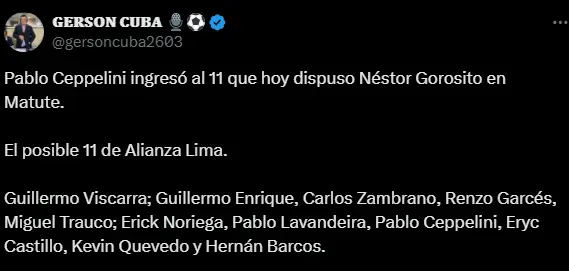 Información del once de Alianza Lima (Foto: X).