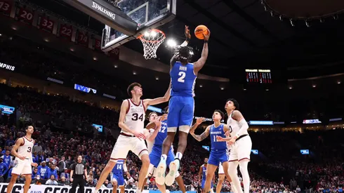 PORTLAND, OR - MARCH 19: Jalen Duren #2 of the Memphis Tigers shoots over Chet Holmgren #34 of the Gonzaga Bulldogs during the second round of the 2022 NCAA Men's Basketball Tournament held at the Moda Center on March 19, 2022 in Portland, Oregon. (Photo by Jamie Schwaberow/NCAA Photos via Getty Images)