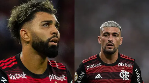 Foto Gabigol: Foto: Fernando Moreno/AGIF/ Foto Arrascaeta:  Foto: Thiago Ribeiro/AGIF – STJD se decide sobre caso Arrascaeta e Gabigol 
