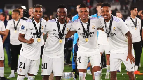 Photo by Alex Grimm/Getty Images – Rodrygo, Vinícius Júnior, Casemiro e Éder Militão
