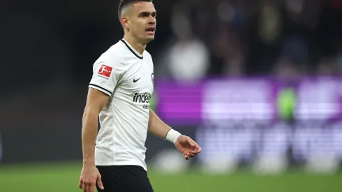 FRANKFURT AM MAIN, GERMANY – JANUARY 21: Rafael Borre of Eintracht Frankfurt reacts during the Bundesliga match between Eintracht Frankfurt and FC Schalke 04 at Deutsche Bank Park on January 21, 2023 in Frankfurt am Main, Germany. (Photo by Alex Grimm/Getty Images)
