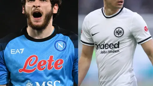 Francesco Pecoraro/Alex Grimm/Getty Images- Kvaratskhelia (Napoli) e Borré (Eintracht)