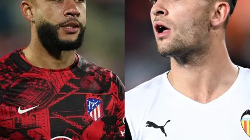 Alex Caparros/David Ramos/ Getty Images- Memphis Depay (Atlético de Madrid) e Hugo Duro (Valencia)
