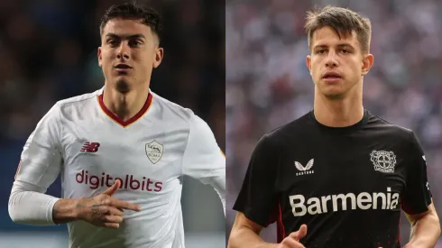 Emilio Andreoli/Maja Hitij/Getty Images- Dybala (Roma) e Adam Hlozek (Bayer Leverkusen).
