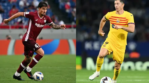 Kenta Harada/ David Ramos/ Getty Images- Matheus Thuler (Vissel Kobe) e Lewandowski (Barcelona).
