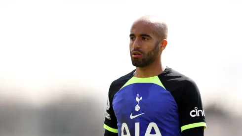 LEYLAND, ENGLAND - APRIL 15: Lucas Moura of Tottenham Hotspur looks on during the Premier League 2 match between Blackburn Rovers and Tottenham Hotspur at Leyland County Ground on April 15, 2023 in Leyland, England. (Photo by Lewis Storey/Getty Images)