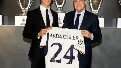 Divulgação/ Real Madrid- Arda Guler e Florentino Pérez