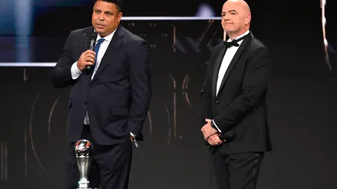 PARIS, FRANCE - FEBRUARY 27: Ronaldo speaks to the audience as Gianni Infantino, President of FIFA looks on during The Best FIFA Football Awards 2022 on February 27, 2023 in Paris, France. (Photo by Aurelien Meunier/Getty Images)