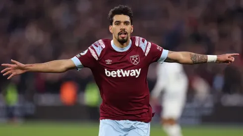 LONDON, ENGLAND – APRIL 26: Lucas Paqueta of West Ham United celebrates after scoring the team's first goal with teammates during the Premier League match between West Ham United and Liverpool FC at London Stadium on April 26, 2023 in London, England. (Photo by Julian Finney/Getty Images)
