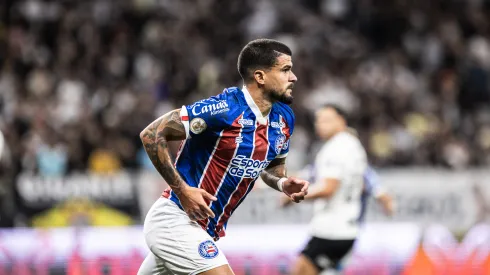 Cauly jogador do Bahia comemora seu gol durante partida contra o Corinthians no estadio Arena Corinthians pelo campeonato Brasileiro A 2023. Foto: Abner Dourado/AGIF
