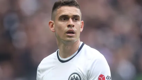 Rafael Borre of Eintracht Frankfurt reacts during the Bundesliga match between Eintracht Frankfurt and FC Augsburg at Deutsche Bank Park on April 29, 2023 in Frankfurt am Main, Germany. (Photo by Alex Grimm/Getty Images)