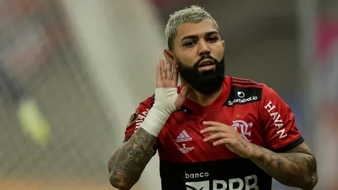 Gabigol jogador do Flamengo comemora seu gol durante partida contra o Fluminense no estadio Maracana pelo campeonato Carioca 2021.
