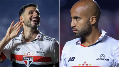 Calleri e Lucas, jogadores do São Paulo. Fotos: Marcello Zambrana/AGIF
