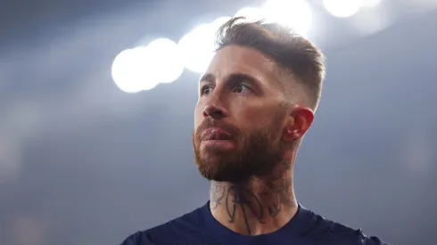 Sergio Ramos of Paris Saint-Germain looks dejected after the UEFA Champions League round of 16 leg one match between Paris Saint-Germain and FC Bayern Muenchen at Parc des Princes on February 14, 2023 in Paris, France. 
