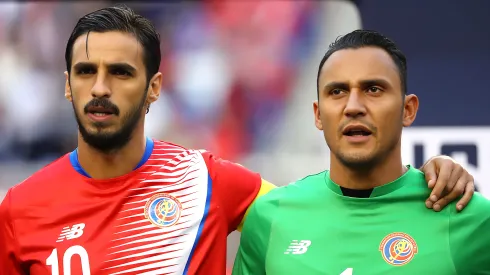 Bryan Ruiz #10 and Keylor Navas #1 of Costa Rica look on during the national anthem before the FIFA 2018 World Cup Qualifier against the United States at Red Bull Arena on September 1, 2017 in Harrison, New Jersey. 
