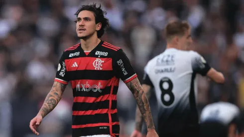 Pedro jogador do Flamengo durante partida contra o Corinthians no estádio Arena Corinthians pelo campeonato Brasileiro A 2024. Foto: Ettore Chiereguini/AGIF
