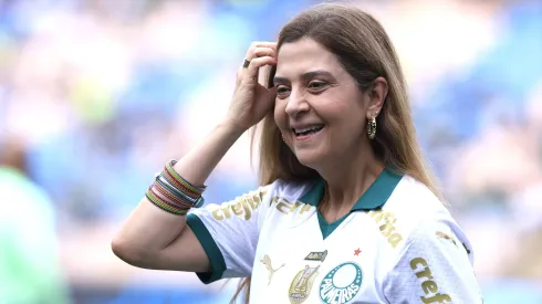 Leila Pereira,  presidente do Palmeiras, antes da partida contra o Botafogo-SP, pelo Campeonato Paulista de 2024.
