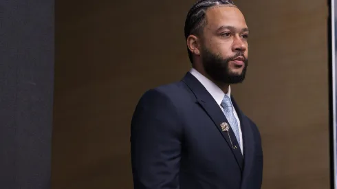 Memphis Depay durante sua apresentacao oficial como jogador do Corinthians em coletiva de imprensa realizada no Arena Corinthians. 
