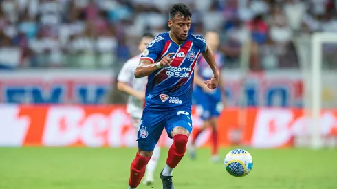  Lucho Rodriguez jogador do Bahia durante partida contra o Internacional no estádio Arena Fonte Nova pelo campeonato Brasileiro A 2024. 
