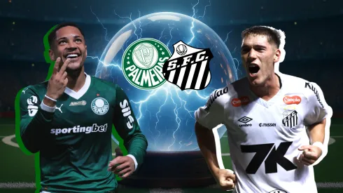 Vitor Roque e Rollheiser se enfrentam em Palmeiras x Santos. Fotos: Ettore Chiereguini/AGIF e Marcello Zambrana/AGIF