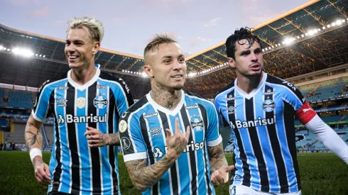 Róger Guedes, Everton Cebolinha e Raphael Veiga. Fotos: Maxi Franzoi/AGIF, Fernando Moreno/AGIF, Thiago Ribeiro/AGIF e Ettore Chiereguini/AGIF editada com Inteligência Artificial