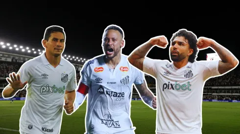 Ganso, Neymar e Gabigol. Fotos: Reinaldo Campos/AGIF, Gilson Lobo/AGIF, Thiago Ribeiro/AGIF e Ricardo Moreira/Getty Images editada pela Inteligência Artificial