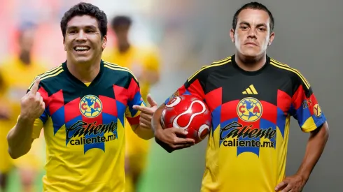 Salvador Cabañas y Cuauhtémoc Blanco, luciendo el nuevo jersey del Club América con Adidas.
