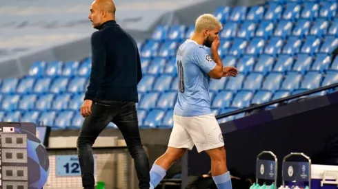 Pep Guardiola y Sergio Agüero durante un encuentro de la Champions.
