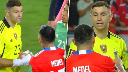 Dibu Martínez se quedó hablando con Gary Medel.
