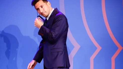 BARCELONA, SPAIN – AUGUST 08: Lionel Messi of FC Barcelona faces the media during a press conference at Nou Camp on August 08, 2021 in Barcelona, Spain. (Photo by Eric Alonso/Getty Images)
