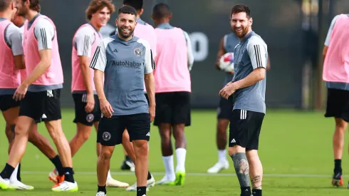 FORT LAUDERDALE, FLORIDA – AUGUST 29: Jordi Alba #18 and Lionel Messi #10 of Inter Miami CF look on during an Inter Miami CF Training Session at Florida Blue Training Center on August 29, 2023 in Fort Lauderdale, Florida. (Photo by Megan Briggs/Getty Images)
