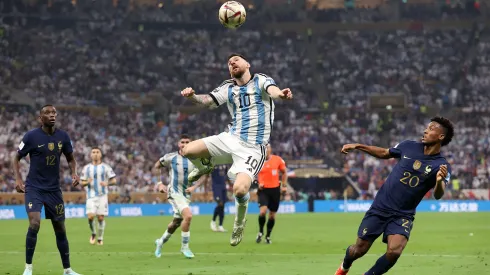 controls the ball on his head during the FIFA World Cup Qatar 2022 Final match between Argentina and France at Lusail Stadium on December 18, 2022 in Lusail City, Qatar. (Photo by Julian Finney/Getty Images)
