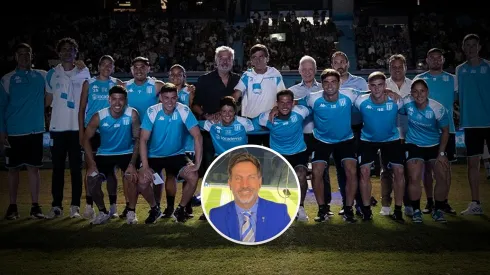 El flamante DT y todos los refuerzos de Racing junto al presidente Víctor Blanco (Getty)