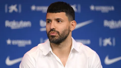 BARCELONA, SPAIN – MAY 31: Sergio Aguero speaks during a press conference as he is presented as a Barcelona player at the Camp Nou Stadium on May 31, 2021 in Barcelona, Spain. (Photo by David Ramos/Getty Images)
