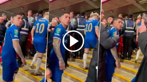 Enzo Fernández estuvo a punto de reaccionar contra n hincha del Liverpool que lo cargó por la derrota en la Final de la Carabao Cup.
